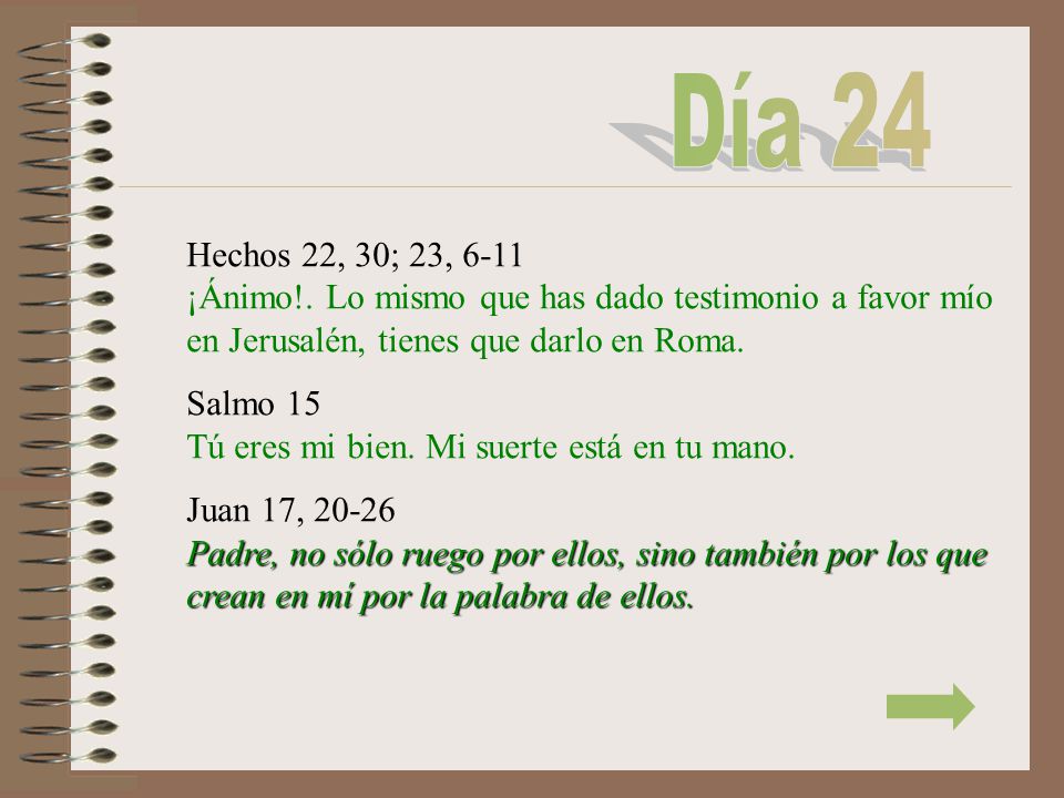 Día 24 Hechos 22, 30; 23, 6-11 ¡Ánimo!. Lo mismo que has dado testimonio a favor mío en Jerusalén, tienes que darlo en Roma.
