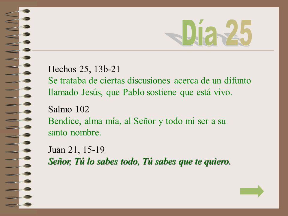 Día 25 Hechos 25, 13b-21 Se trataba de ciertas discusiones acerca de un difunto llamado Jesús, que Pablo sostiene que está vivo.