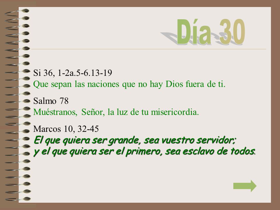 Día 30 Si 36, 1-2a Que sepan las naciones que no hay Dios fuera de ti. Salmo 78 Muéstranos, Señor, la luz de tu misericordia.