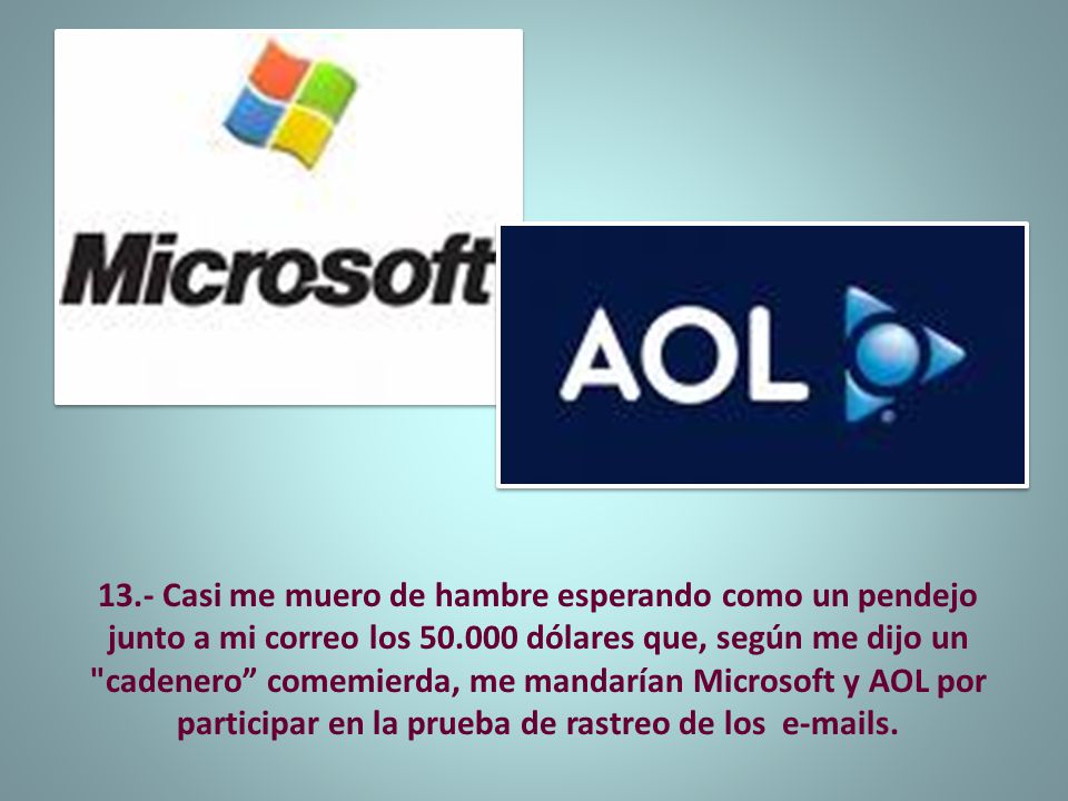 13.- Casi me muero de hambre esperando como un pendejo junto a mi correo los dólares que, según me dijo un cadenero comemierda, me mandarían Microsoft y AOL por participar en la prueba de rastreo de los  s.