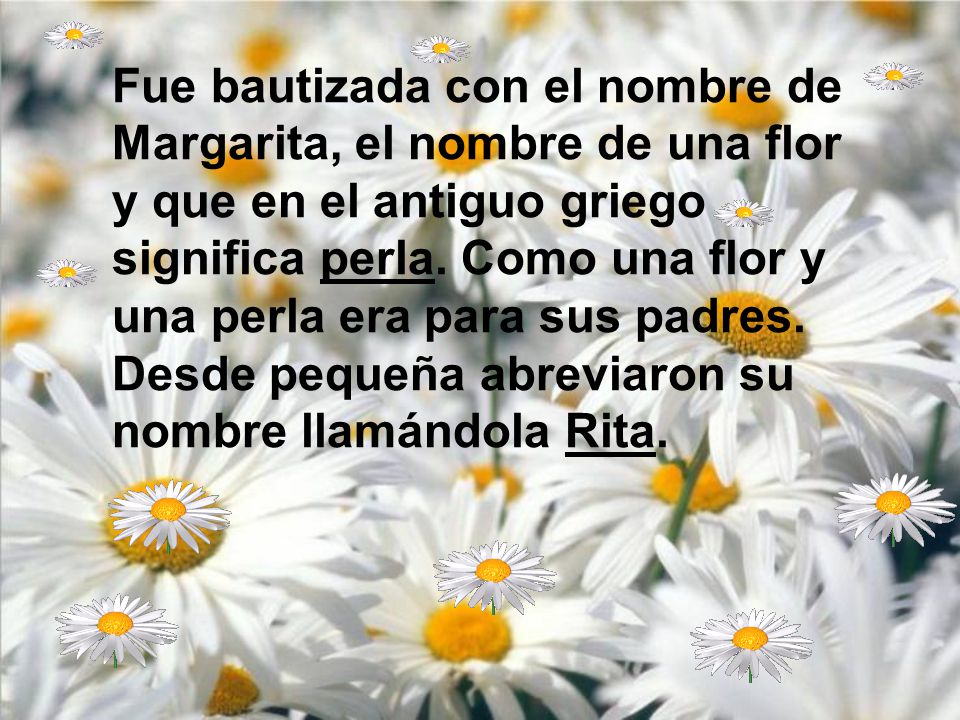 Fue bautizada con el nombre de Margarita, el nombre de una flor y que en el antiguo griego significa perla.