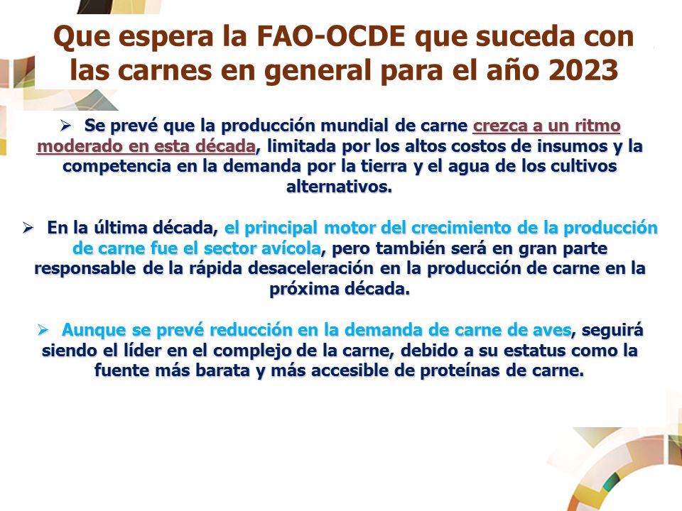 Que espera la FAO-OCDE que suceda con las carnes en general para el año 2023