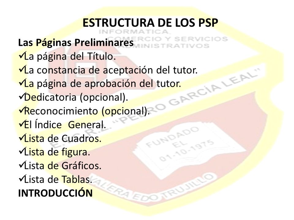 ESTRUCTURA DE LOS PSP Las Páginas Preliminares La página del Título.