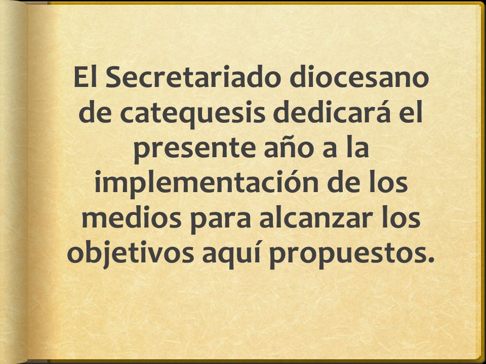 El Secretariado diocesano de catequesis dedicará el presente año a la implementación de los medios para alcanzar los objetivos aquí propuestos.