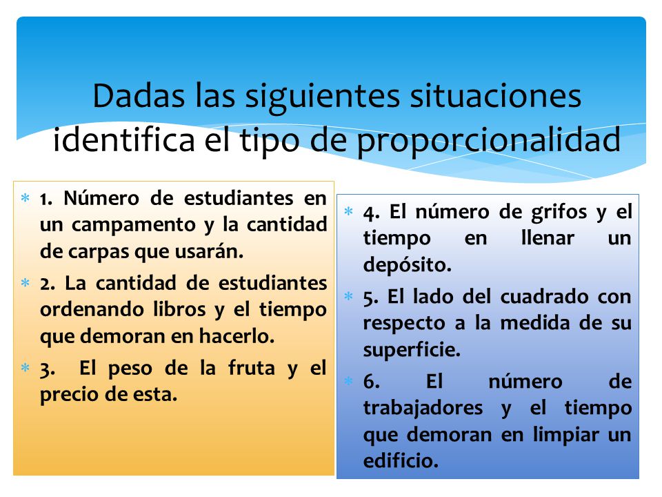 Dadas las siguientes situaciones identifica el tipo de proporcionalidad