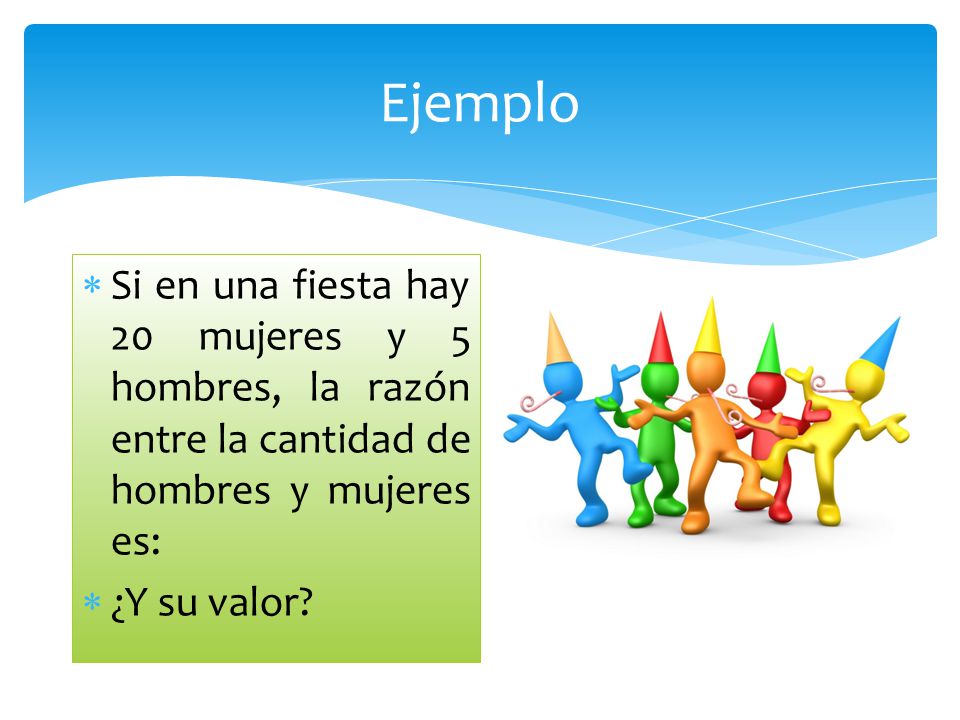 Ejemplo Si en una fiesta hay 20 mujeres y 5 hombres, la razón entre la cantidad de hombres y mujeres es: