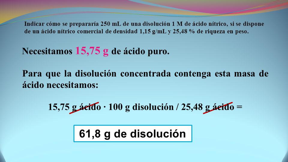 15,75 g ácido · 100 g disolución / 25,48 g ácido =