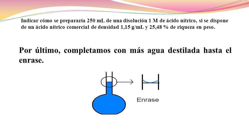 Por último, completamos con más agua destilada hasta el enrase.