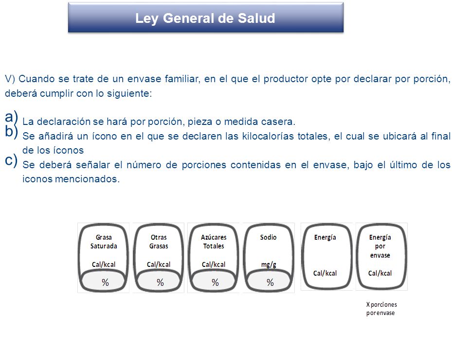 Ley General de Salud V) Cuando se trate de un envase familiar, en el que el productor opte por declarar por porción, deberá cumplir con lo siguiente: