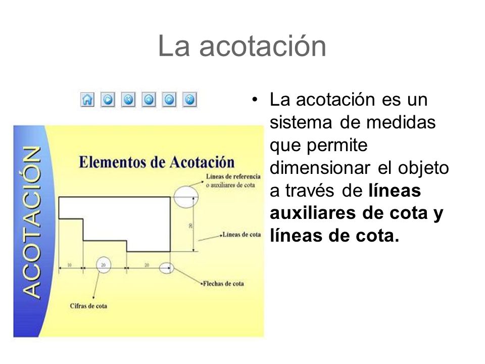 La acotación La acotación es un sistema de medidas que permite dimensionar el objeto a través de líneas auxiliares de cota y líneas de cota.