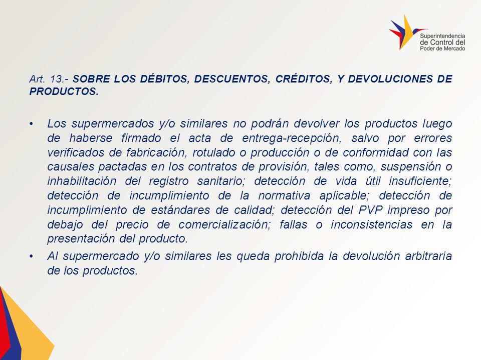 Art SOBRE LOS DÉBITOS, DESCUENTOS, CRÉDITOS, Y DEVOLUCIONES DE PRODUCTOS.