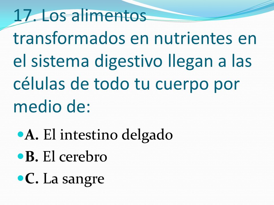 17. Los alimentos transformados en nutrientes en el sistema digestivo llegan a las células de todo tu cuerpo por medio de: