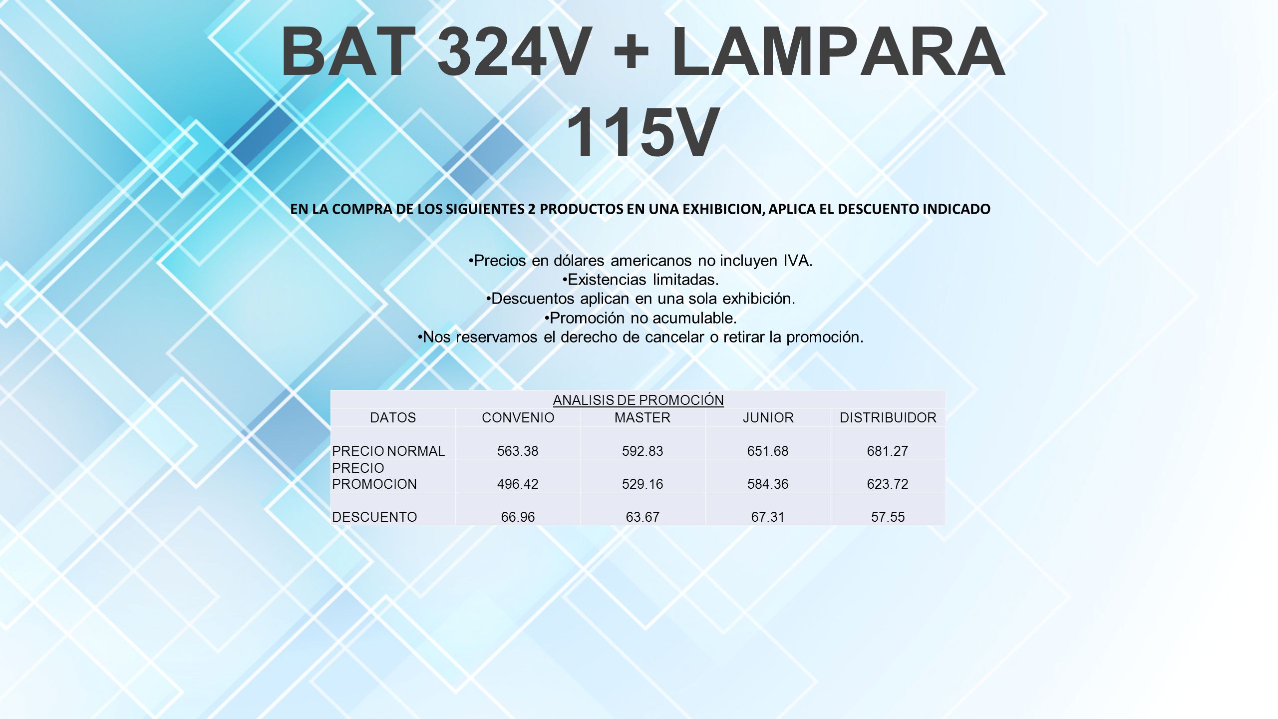 BAT 324V + LAMPARA 115V EN LA COMPRA DE LOS SIGUIENTES 2 PRODUCTOS EN UNA EXHIBICION, APLICA EL DESCUENTO INDICADO.