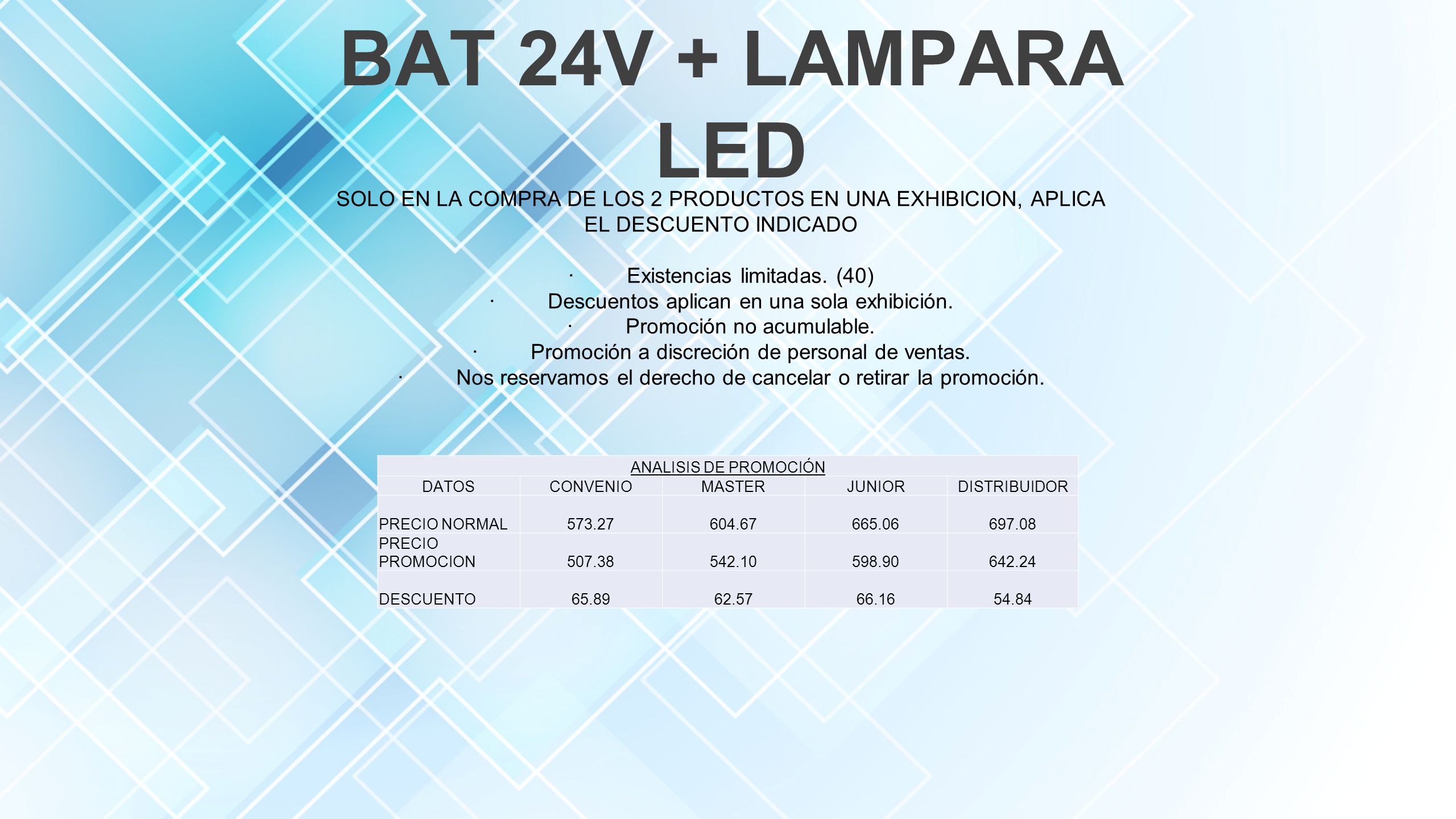 BAT 24V + LAMPARA LED SOLO EN LA COMPRA DE LOS 2 PRODUCTOS EN UNA EXHIBICION, APLICA EL DESCUENTO INDICADO.
