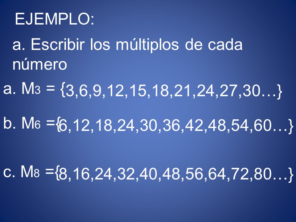 EJEMPLO: a. Escribir los múltiplos de cada número. a. M3 = { 3,6,9,12,15,18,21,24,27,30…} b. M6 ={