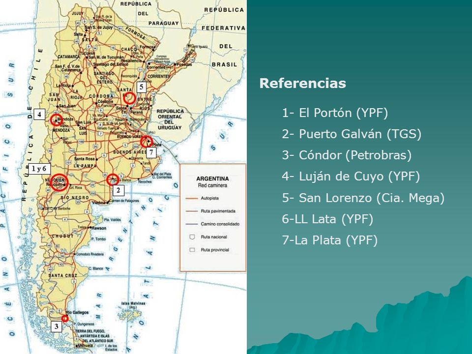 Referencias 1- El Portón (YPF) 2- Puerto Galván (TGS)