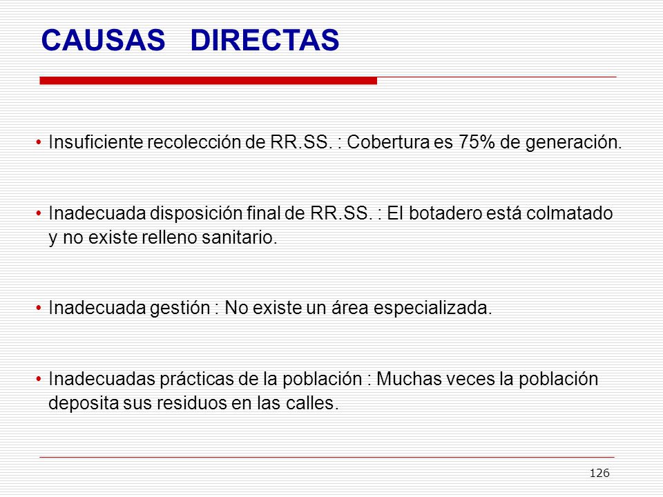 CAUSAS DIRECTAS Insuficiente recolección de RR.SS. : Cobertura es 75% de generación.
