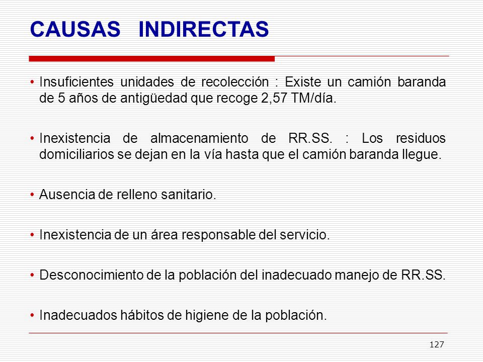 CAUSAS INDIRECTAS Insuficientes unidades de recolección : Existe un camión baranda de 5 años de antigüedad que recoge 2,57 TM/día.