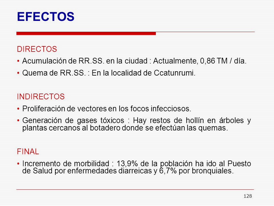 EFECTOS DIRECTOS. Acumulación de RR.SS. en la ciudad : Actualmente, 0,86 TM / día. Quema de RR.SS. : En la localidad de Ccatunrumi.