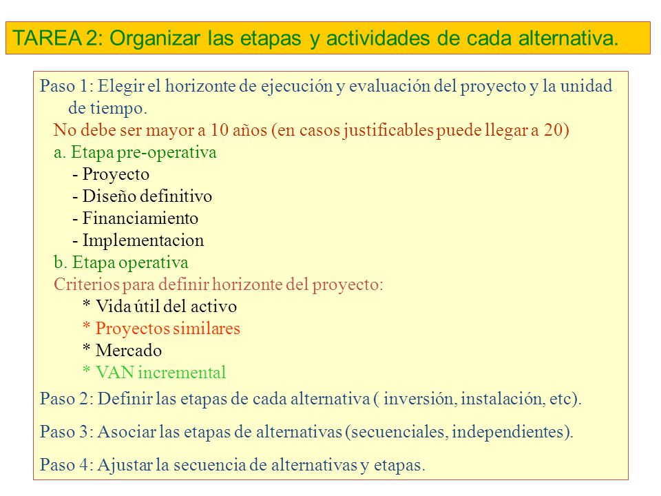 TAREA 2: Organizar las etapas y actividades de cada alternativa.