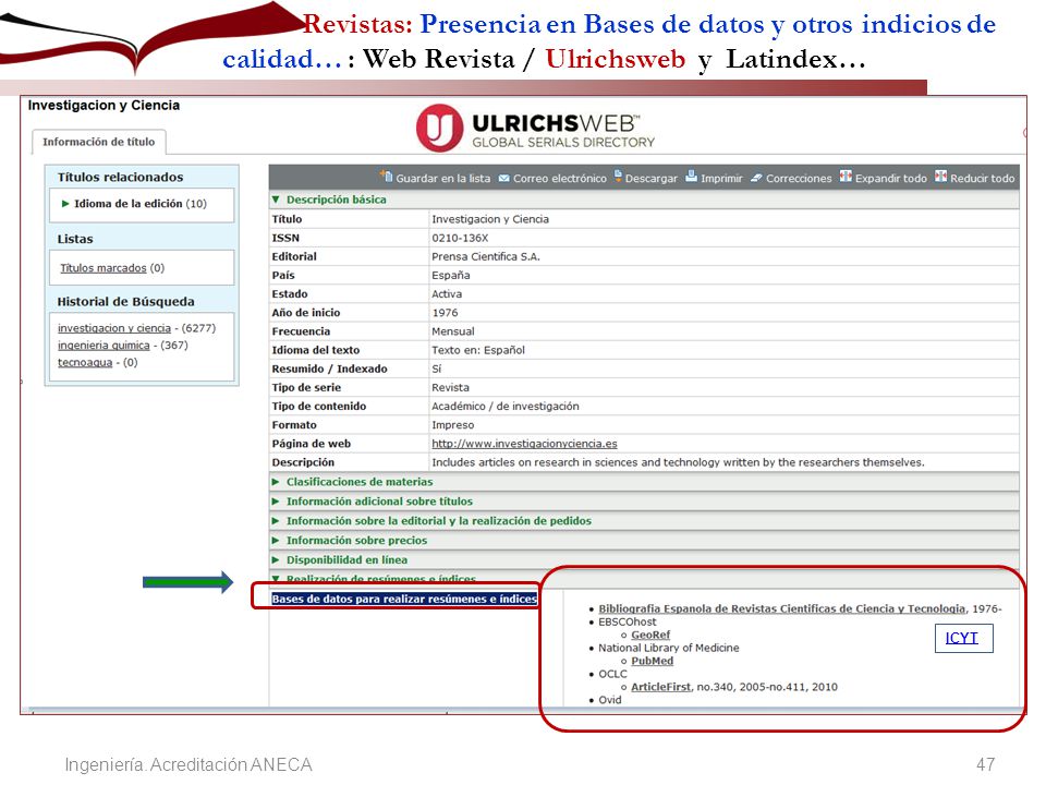 Revistas: Presencia en Bases de datos y otros indicios de calidad… : Web Revista / Ulrichsweb y Latindex…