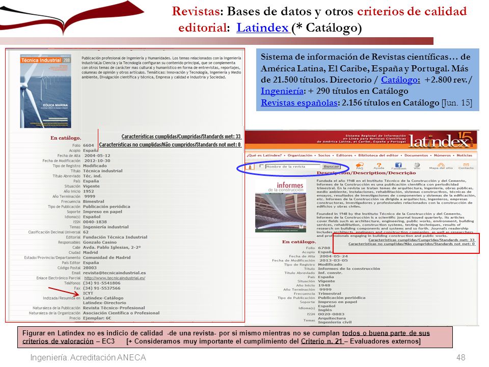 Revistas: Bases de datos y otros criterios de calidad editorial: Latindex (* Catálogo)