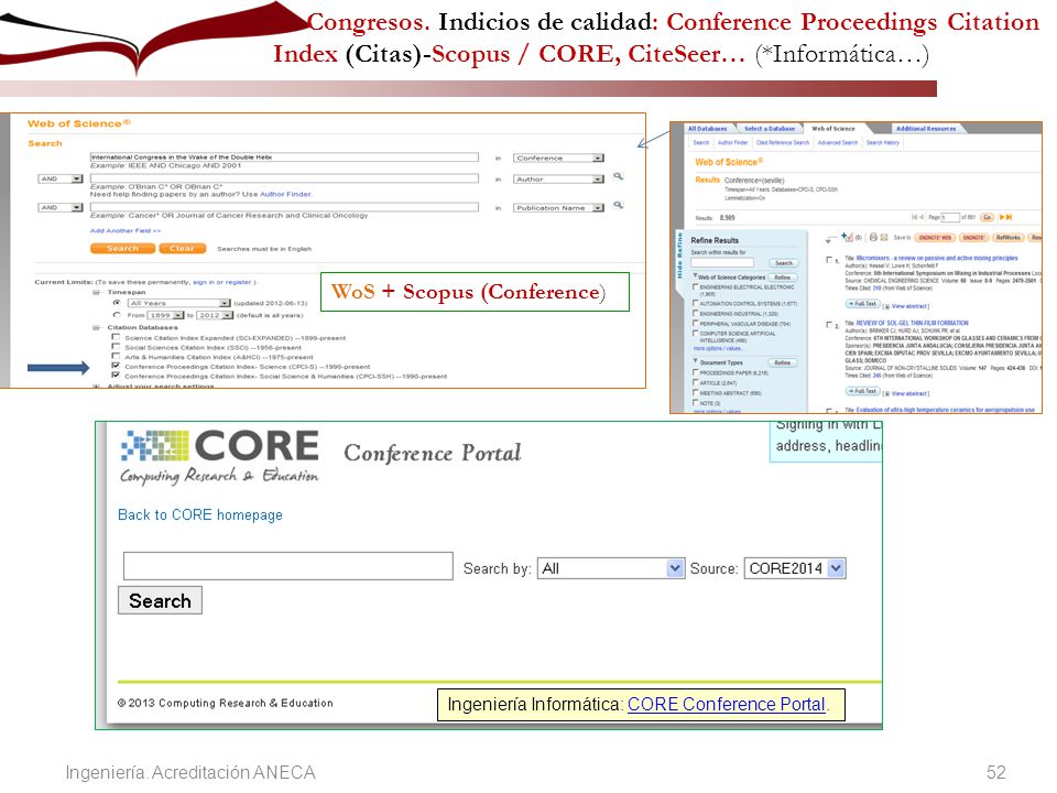 Congresos. Indicios de calidad: Conference Proceedings Citation Index (Citas)-Scopus / CORE, CiteSeer… (*Informática…)