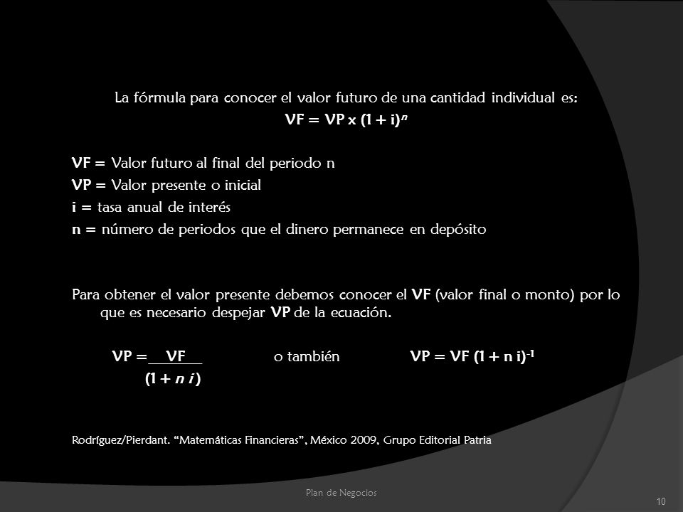 La fórmula para conocer el valor futuro de una cantidad individual es: