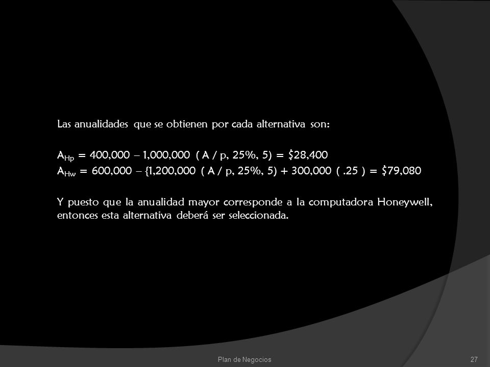 Las anualidades que se obtienen por cada alternativa son: AHp = 400,000 – 1,000,000 ( A / p, 25%, 5) = $28,400 AHw = 600,000 – {1,200,000 ( A / p, 25%, 5) + 300,000 ( .25 ) = $79,080 Y puesto que la anualidad mayor corresponde a la computadora Honeywell, entonces esta alternativa deberá ser seleccionada.