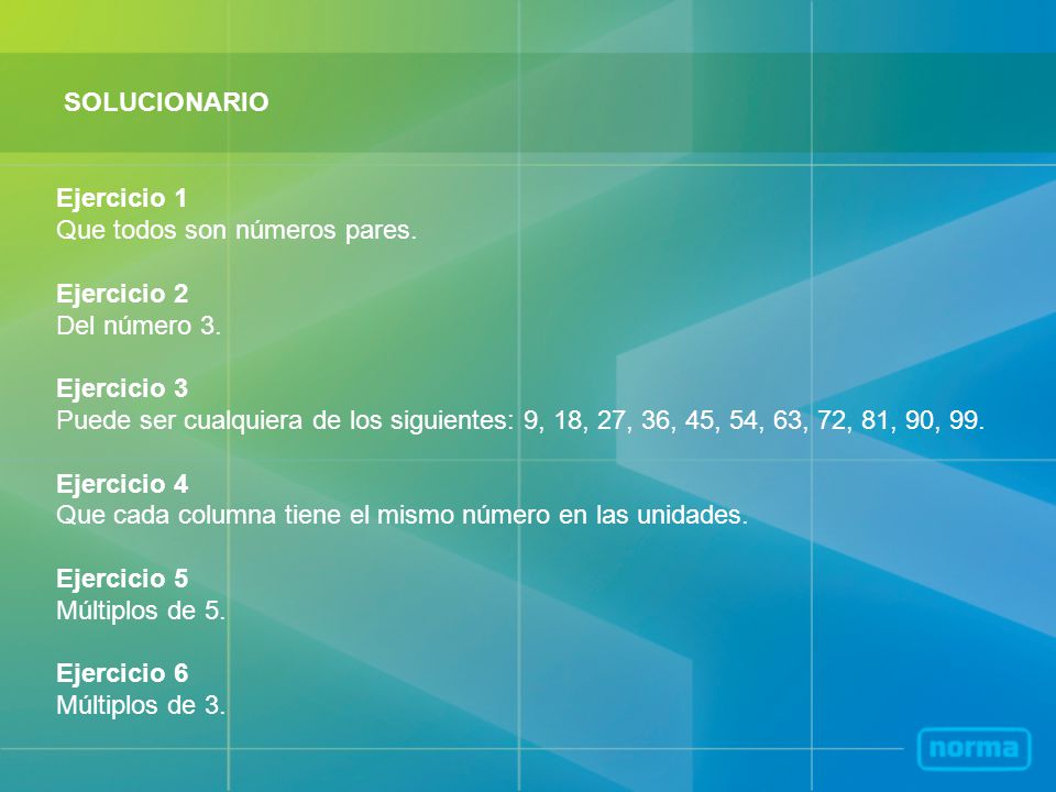SOLUCIONARIO Ejercicio 1. Que todos son números pares. Ejercicio 2. Del número 3. Ejercicio 3.