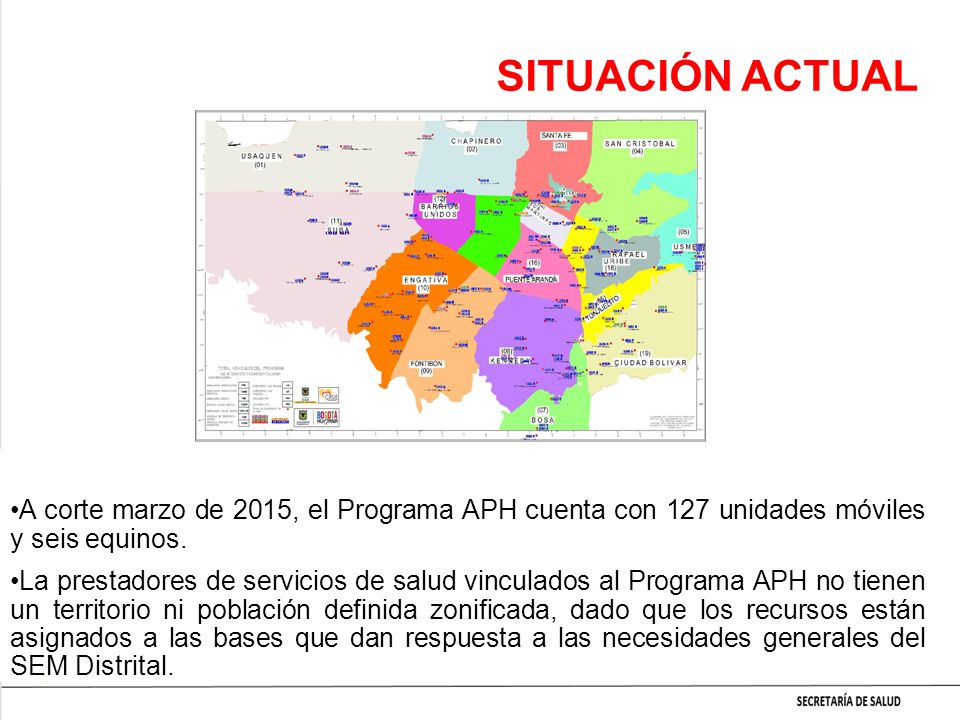 SITUACIÓN ACTUAL A corte marzo de 2015, el Programa APH cuenta con 127 unidades móviles y seis equinos.