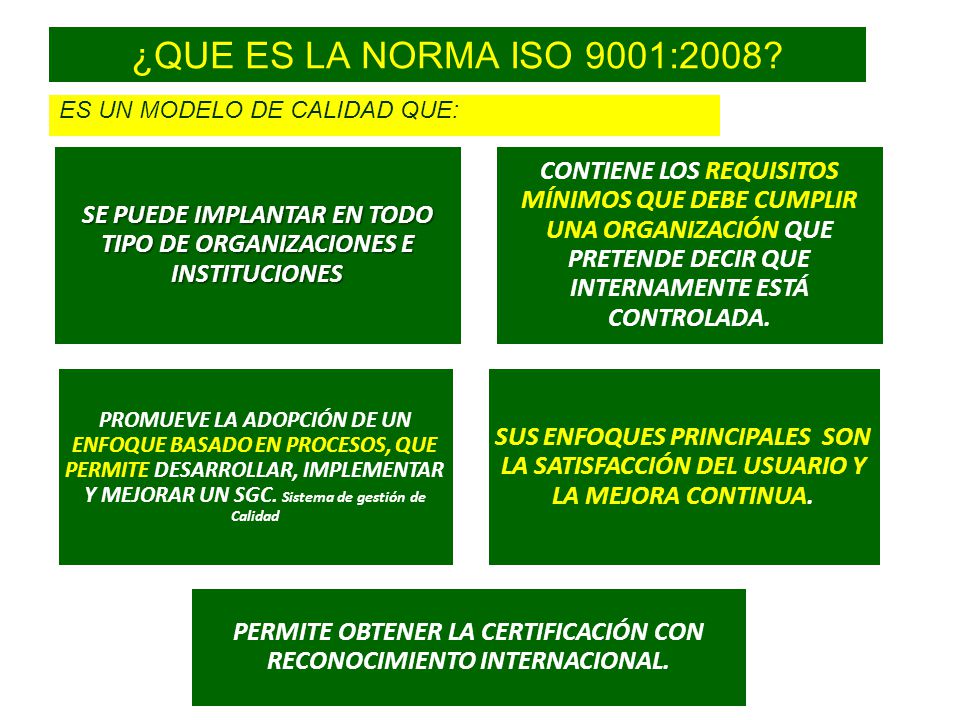 ¿QUE ES LA NORMA ISO 9001:2008 ES UN MODELO DE CALIDAD QUE: SE PUEDE IMPLANTAR EN TODO TIPO DE ORGANIZACIONES E INSTITUCIONES.