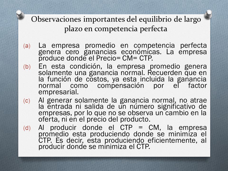 Observaciones importantes del equilibrio de largo plazo en competencia perfecta