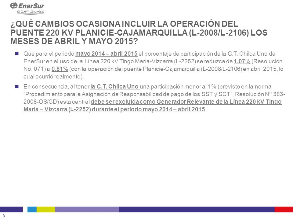 ¿QUÉ CAMBIOS OCASIONA INCLUIR LA OPERACIÓN DEL PUENTE 220 KV PLANICIE-CAJAMARQUILLA (L-2008/L-2106) LOS MESES DE ABRIL Y MAYO 2015