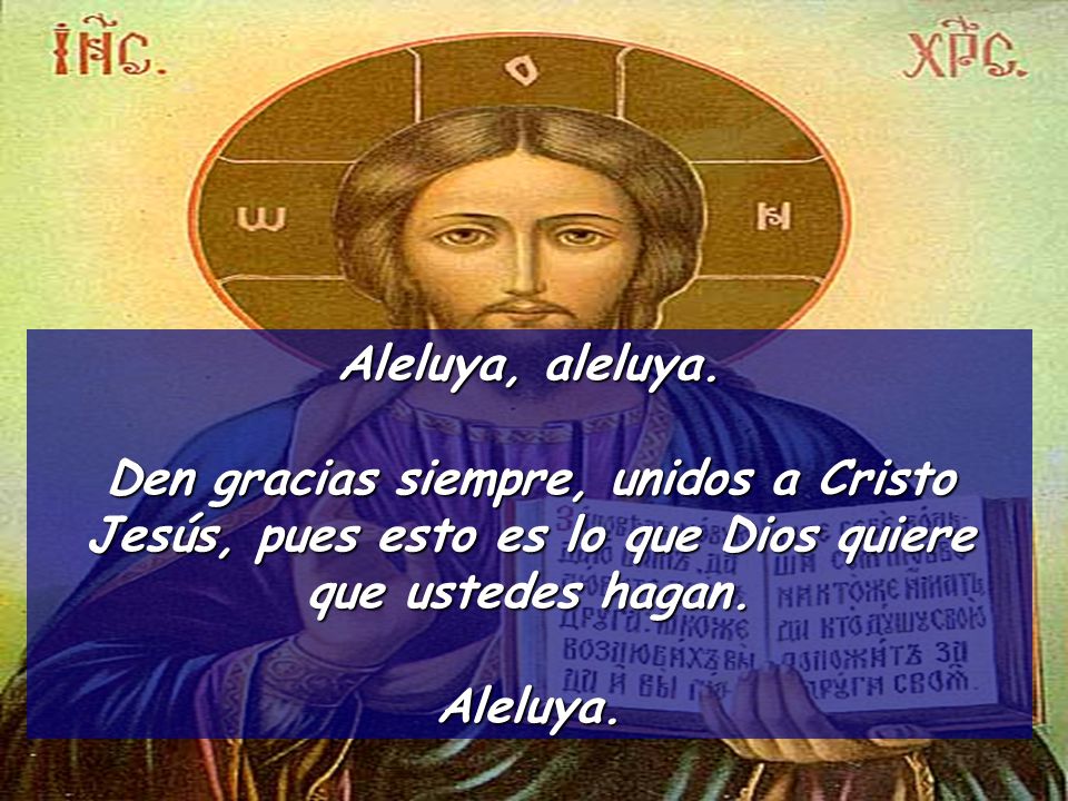 Aleluya, aleluya. Den gracias siempre, unidos a Cristo Jesús, pues esto es lo que Dios quiere que ustedes hagan.