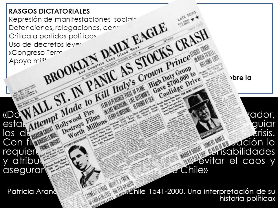 RASGOS DICTATORIALES Represión de manifestaciones sociales. Detenciones, relegaciones, censura, exilios.