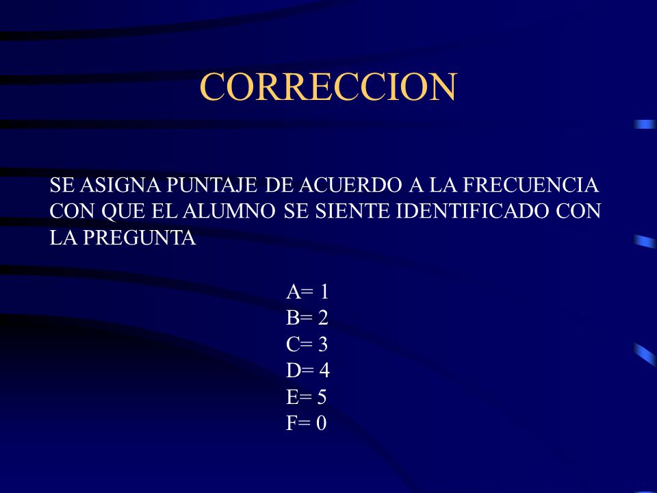 CORRECCION SE ASIGNA PUNTAJE DE ACUERDO A LA FRECUENCIA CON QUE EL ALUMNO SE SIENTE IDENTIFICADO CON LA PREGUNTA.