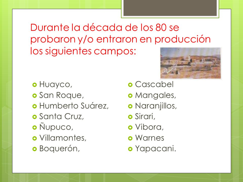Durante la década de los 80 se probaron y/o entraron en producción los siguientes campos: