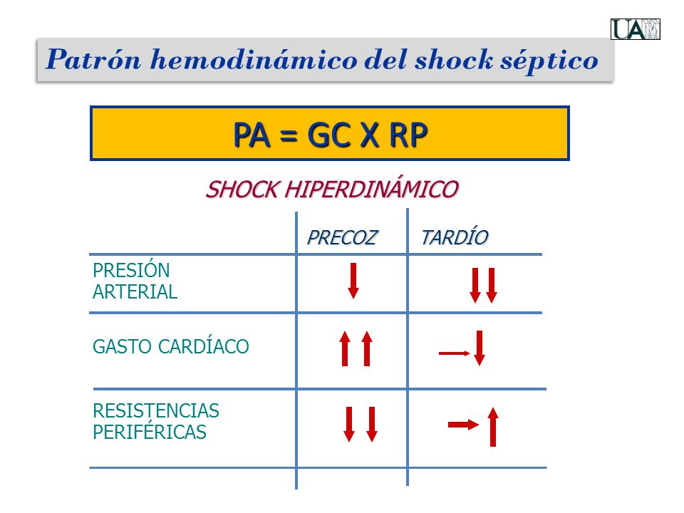 PA = GC X RP Patrón hemodinámico del shock séptico SHOCK HIPERDINÁMICO