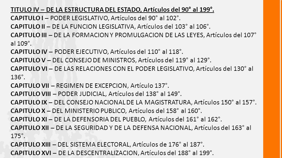 TITULO IV – DE LA ESTRUCTURA DEL ESTADO, Artículos del 90° al 199°.