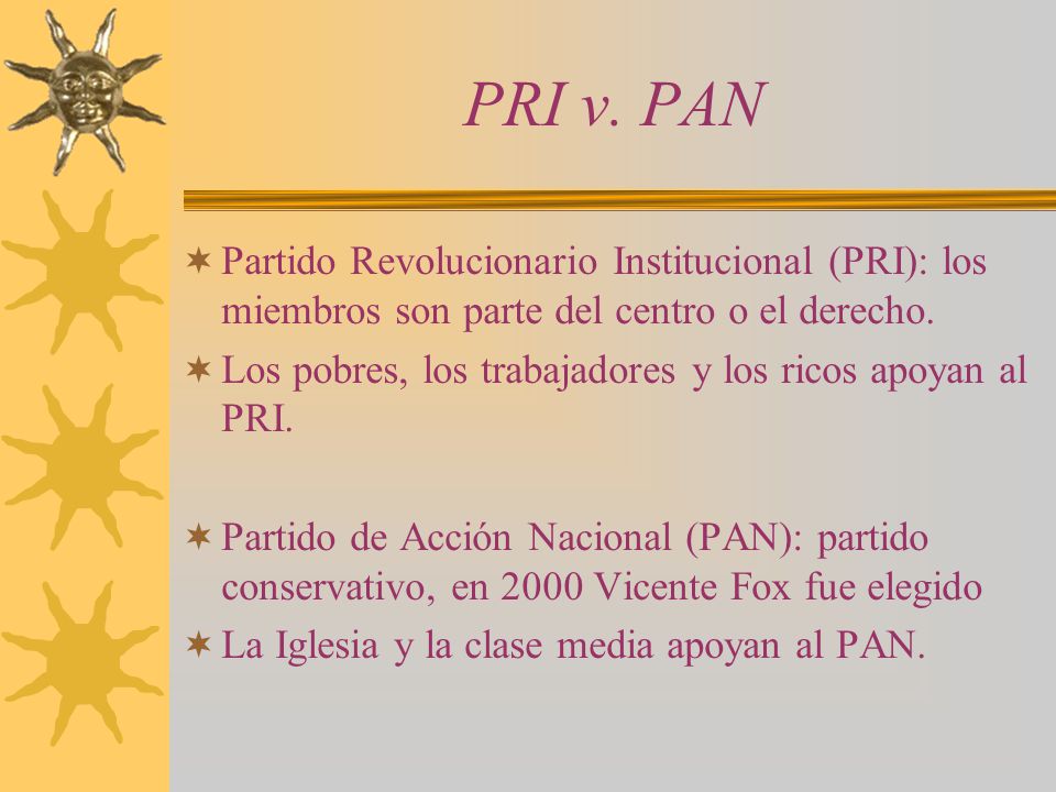 PRI v. PAN Partido Revolucionario Institucional (PRI): los miembros son parte del centro o el derecho.