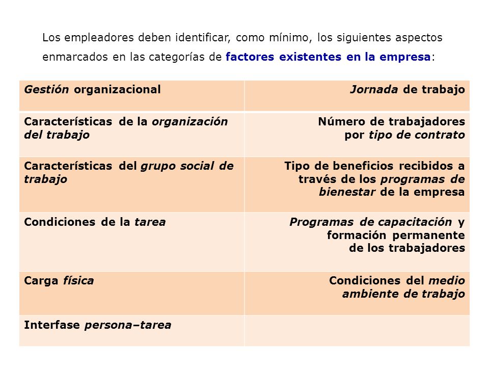 Los empleadores deben identificar, como mínimo, los siguientes aspectos enmarcados en las categorías de factores existentes en la empresa: