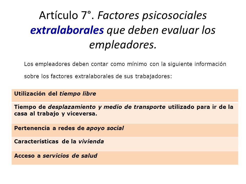 Artículo 7°. Factores psicosociales extralaborales que deben evaluar los empleadores.