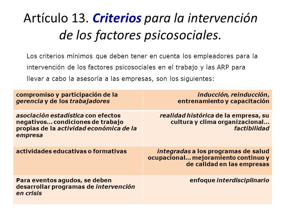 Artículo 13. Criterios para la intervención de los factores psicosociales.
