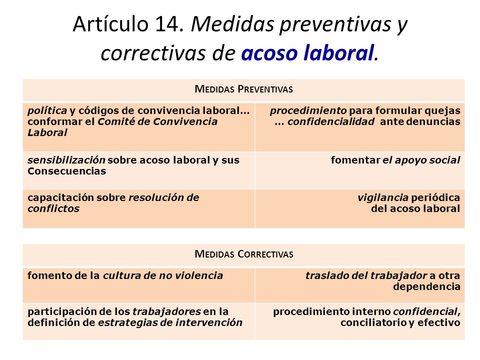 Artículo 14. Medidas preventivas y correctivas de acoso laboral.