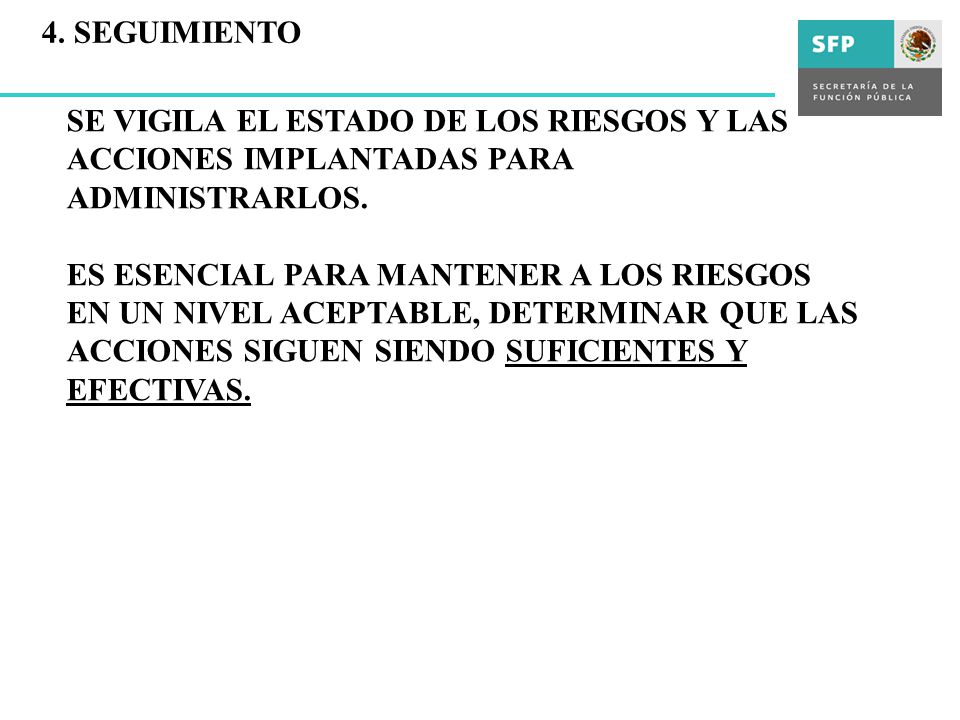 4. SEGUIMIENTO SE VIGILA EL ESTADO DE LOS RIESGOS Y LAS ACCIONES IMPLANTADAS PARA ADMINISTRARLOS.