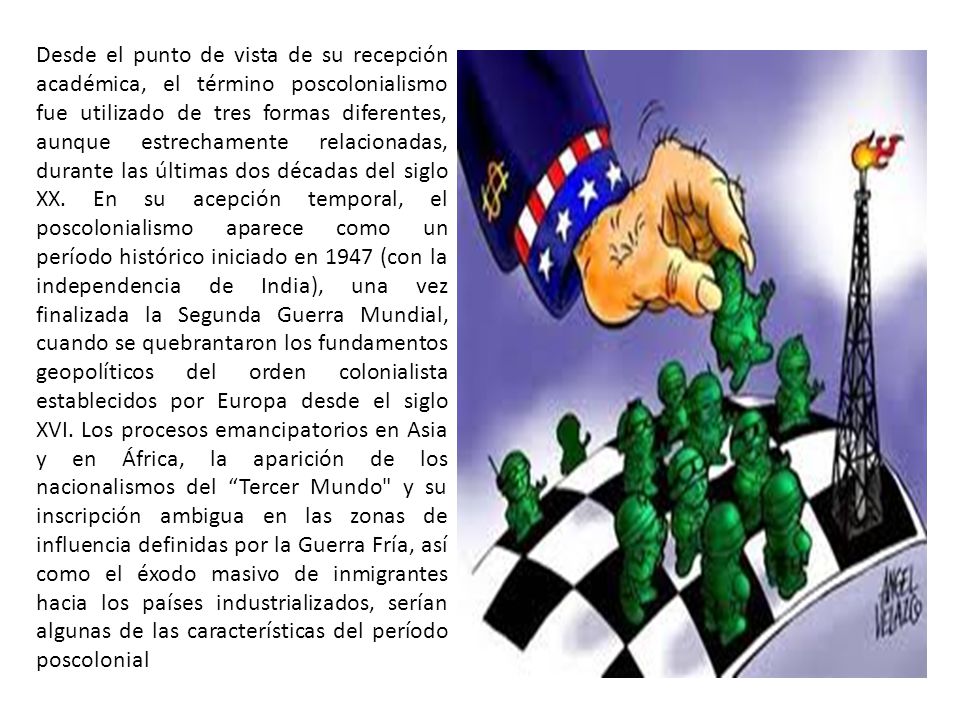 Desde el punto de vista de su recepción académica, el término poscolonialismo fue utilizado de tres formas diferentes, aunque estrechamente relacionadas, durante las últimas dos décadas del siglo XX.