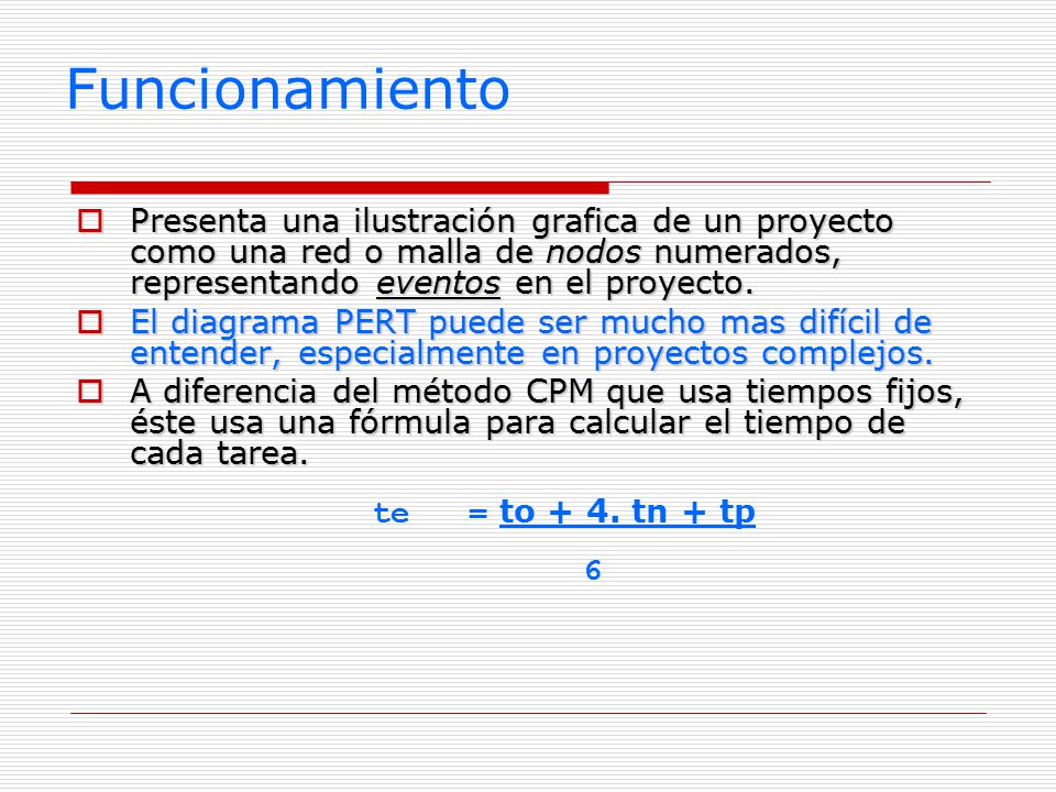 Funcionamiento Presenta una ilustración grafica de un proyecto como una red o malla de nodos numerados, representando eventos en el proyecto.