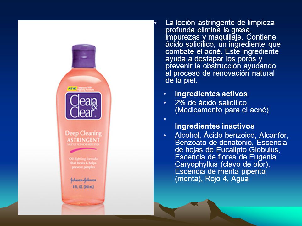 La loción astringente de limpieza profunda elimina la grasa, impurezas y maquillaje. Contiene ácido salicílico, un ingrediente que combate el acné. Este ingrediente ayuda a destapar los poros y prevenir la obstrucción ayudando al proceso de renovación natural de la piel.