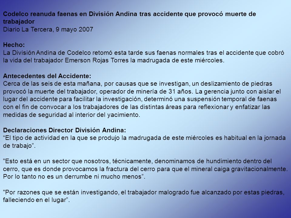 Codelco reanuda faenas en División Andina tras accidente que provocó muerte de trabajador